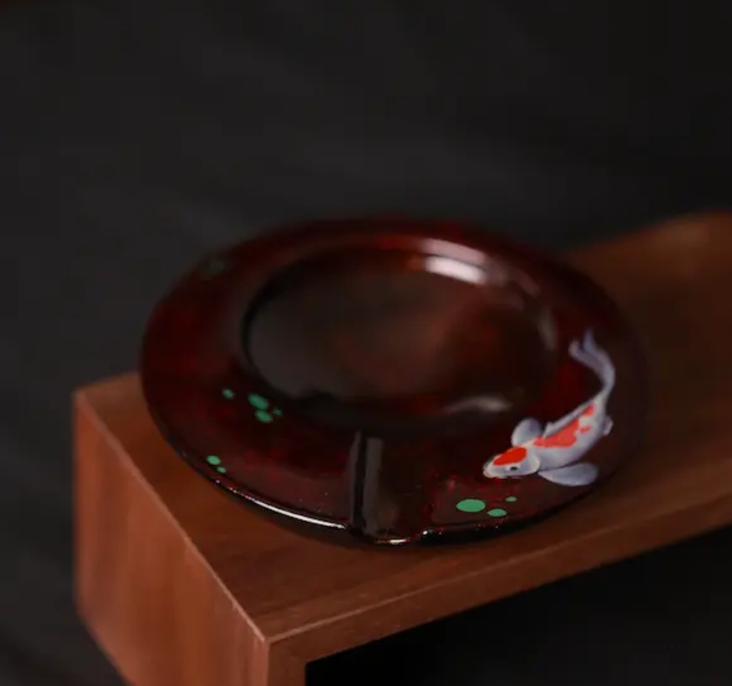 Hand-painted Koi Cigar Humidor with Red Rhino Skin Lacquer