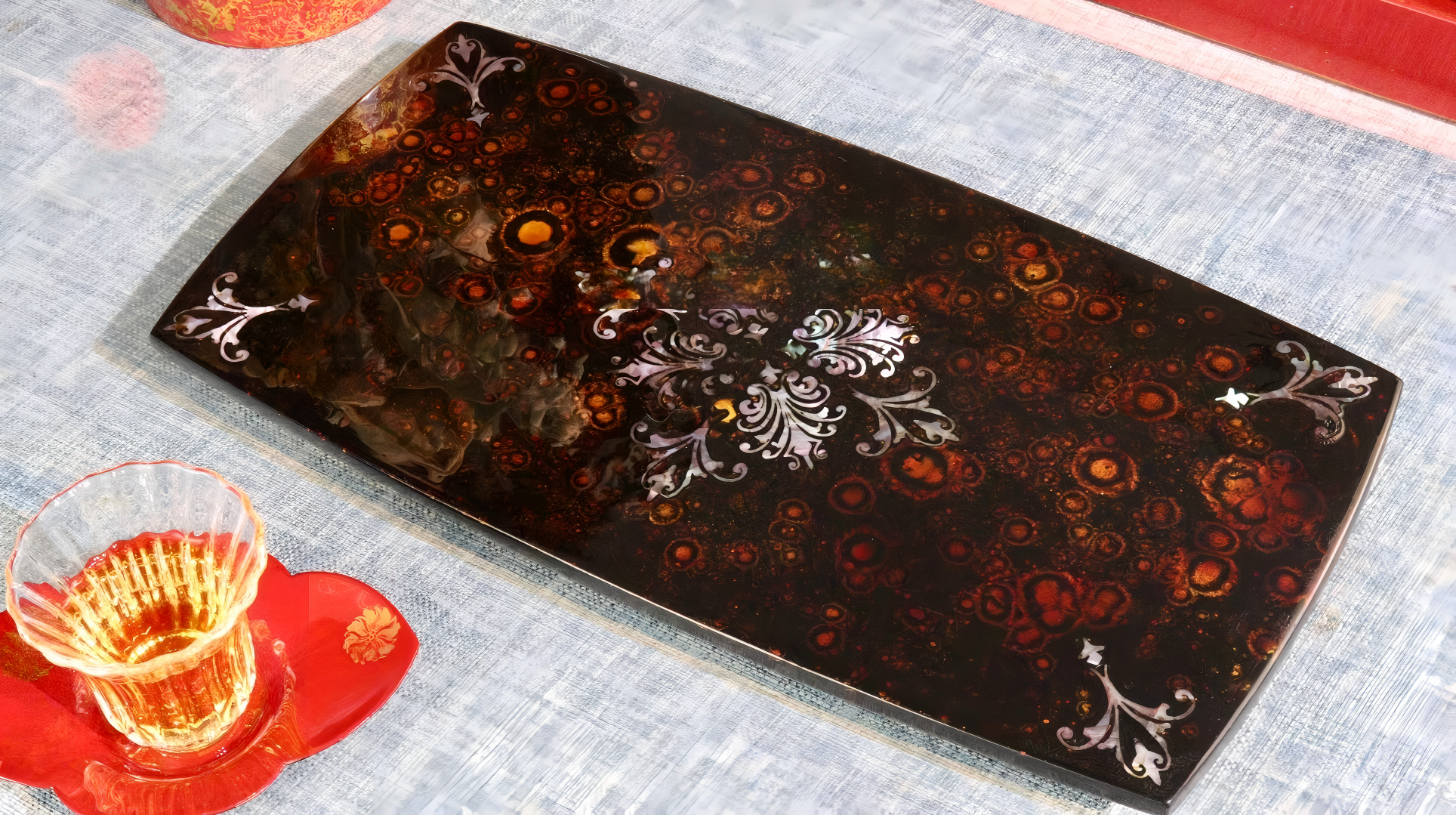 Black and Gold Lacquer Tea Tray with Mother-of-Pearl Inlay