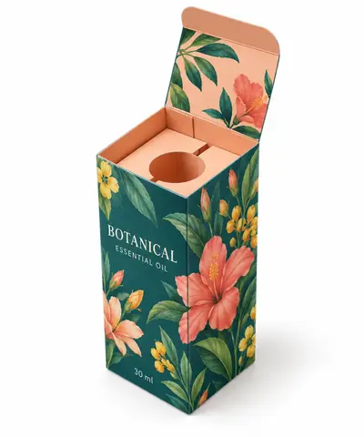 Decorated tall box with floral print, peach interior, and circular bottle holder visible